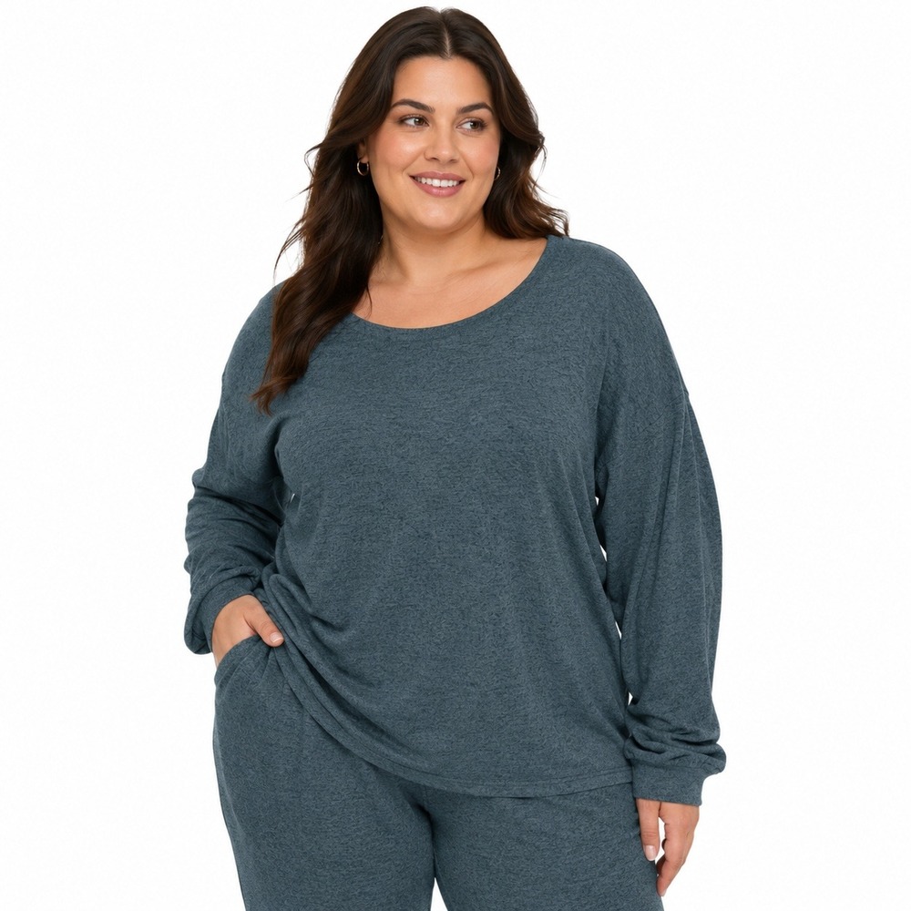 Bobeau Ava Long Sleeve Sleep Lounge Top Blue Heathered Knit 3X Plus Size NWOT